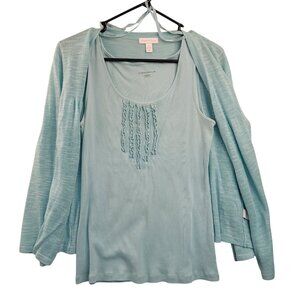 Charter Club Womens Aqua Blue Cardigan & Tank Set Medium Ramie/Rayon
